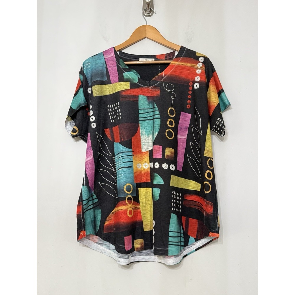 Jess & Jane Multicolor Abstract Art Shirt Short Sleeve Top Women's XL